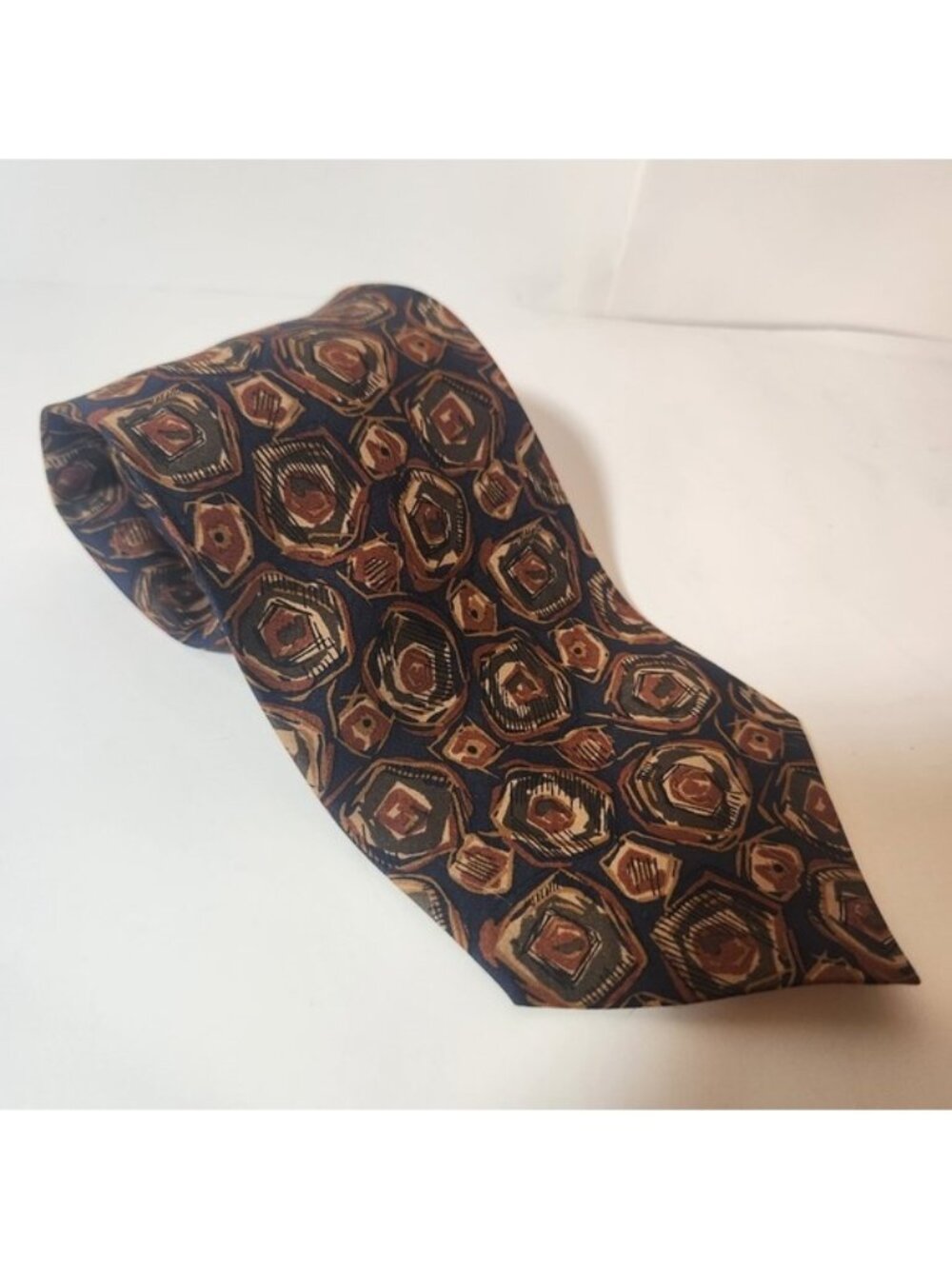 Vintage Italian Silk Tie Mens Abstract Geometric Navy Brown Made in Canada‎ 58in